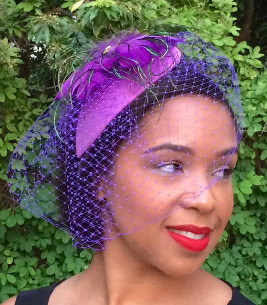 Purple Fascinator with feather, Purple Vintage French veiling. Wedding Percher- Evening Cocktail parties- Ascot-Polo Match-Brides Maids-