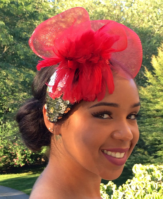 RED Christmas Fascinator, Christmas headpiece, New Years Eve Party Hat, Gold sequins headpiece. Red Feathers- Cocktail Evening Fascinator!