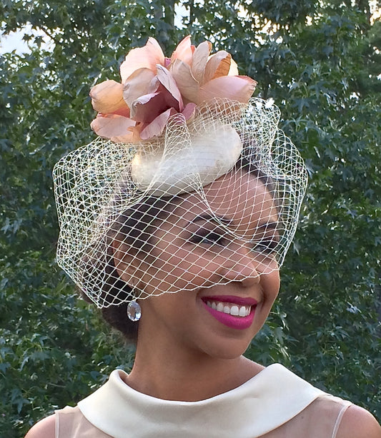 GOLD Metallic Leather Fascinator with Peach and Ivory Magnolia Flower-Ivory Veiling-Wedding-Races-Ascot-Kentucky Derby-Polo Matches-Brides