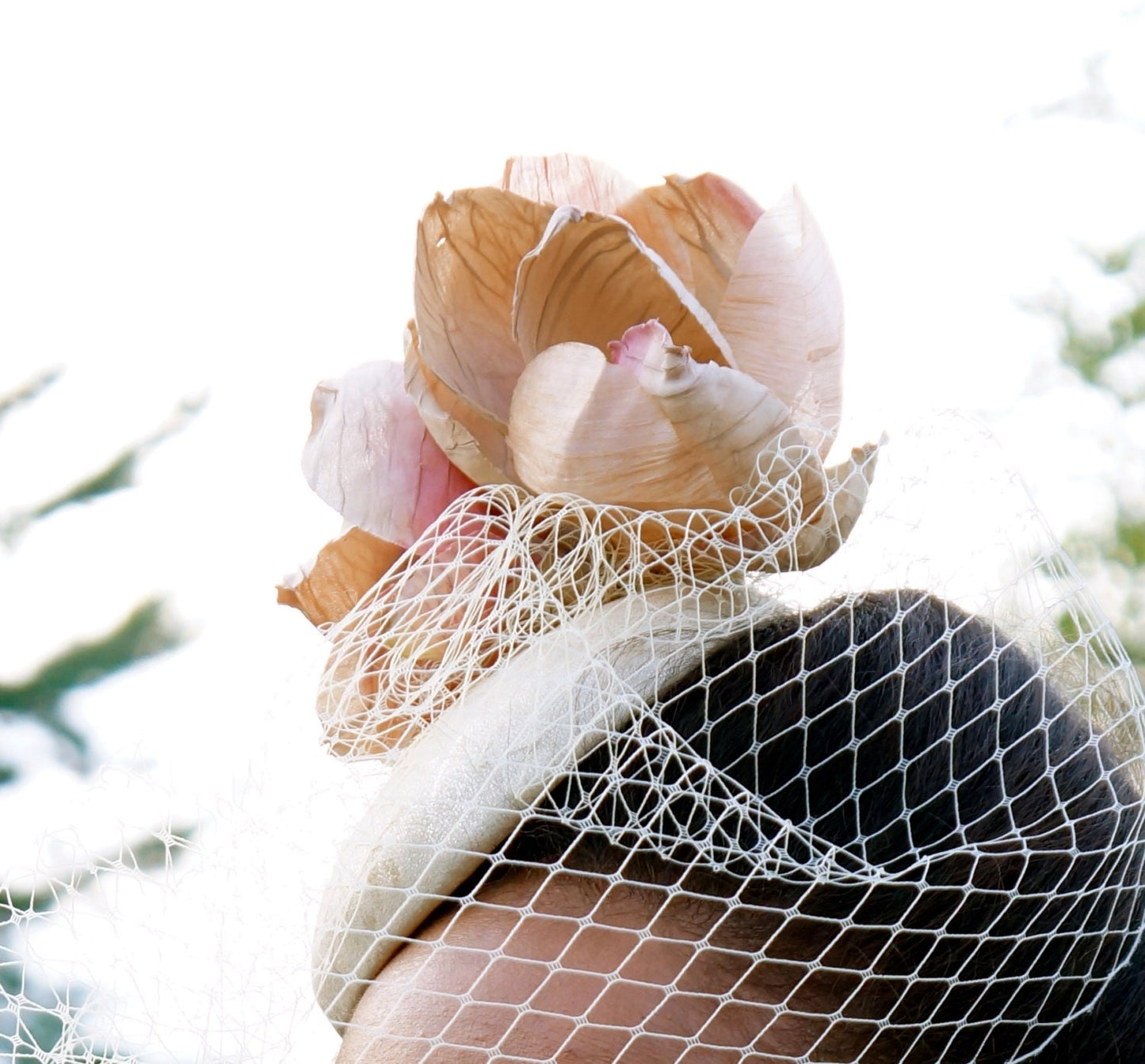 GOLD Metallic Leather Fascinator with Peach and Ivory Magnolia Flower-Ivory Veiling-Wedding-Races-Ascot-Kentucky Derby-Polo Matches-Brides