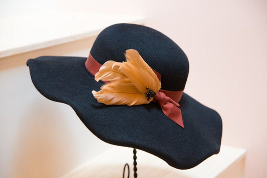 Rich Black Wide Brimmed Velour Hat with Vintage Tan Feathers, Rust Ribbon and Black Stamens-Winter Races-Funeral Hat-Church Hat-Holiday Hat