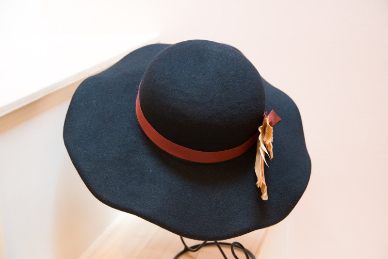 Rich Black Wide Brimmed Velour Hat with Vintage Tan Feathers, Rust Ribbon and Black Stamens-Winter Races-Funeral Hat-Church Hat-Holiday Hat