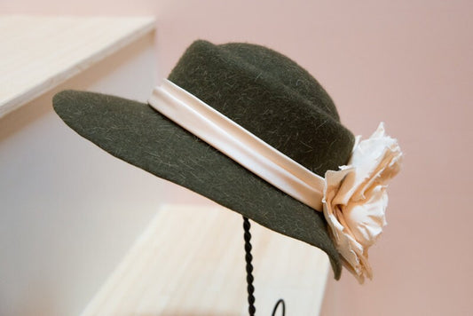 Olive Green Wool Felt Hat! Huge Ivory Hand Made Satin Flower,Satin Hat Band-Beautiful-Church Hat-Polo Races-Mother of the Bride-Handmade Hat