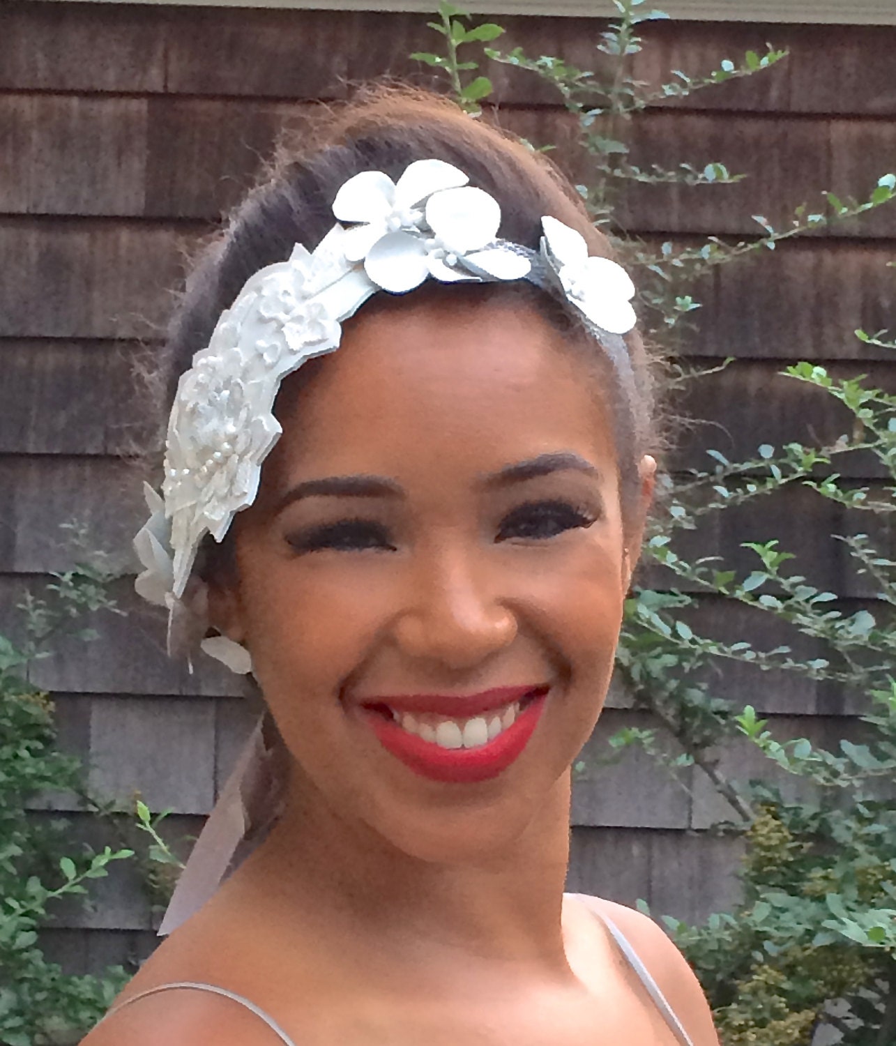 White Lambs Skin Leather Bridal Head Piece-Lace-Beads-Floral-Handmade-Silver Veiling Tie-Unique Headpiece-Bridal Headwear-Leather Floral Hat