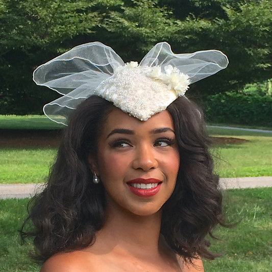 Wedding Hat with pearls and sequins, Satin wedding headpiece, hat with short veil. Ivory Wedding headpiece with Beading and Veiling