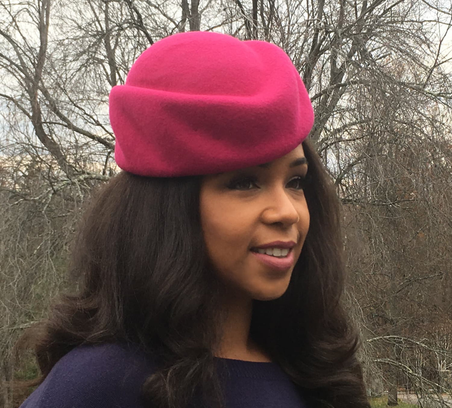 Bright Pink Sculptural Wool Felt Pill Box Hat. Handmade on Vintage Wooden Block-Classic Hat style-Mother of the Bride-Wedding-Christmas Hat