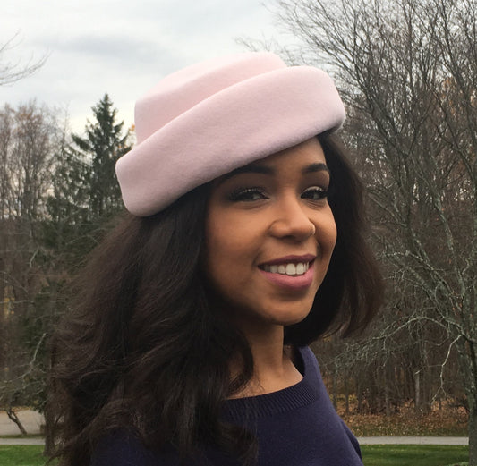 Cute Light Pink Wool Hat-Band Trim in Aurora Borealis Sequins-Vintage Look! Sm. Velvet bow-Weddings-Church-Christmas-Winter Races- Holiday!