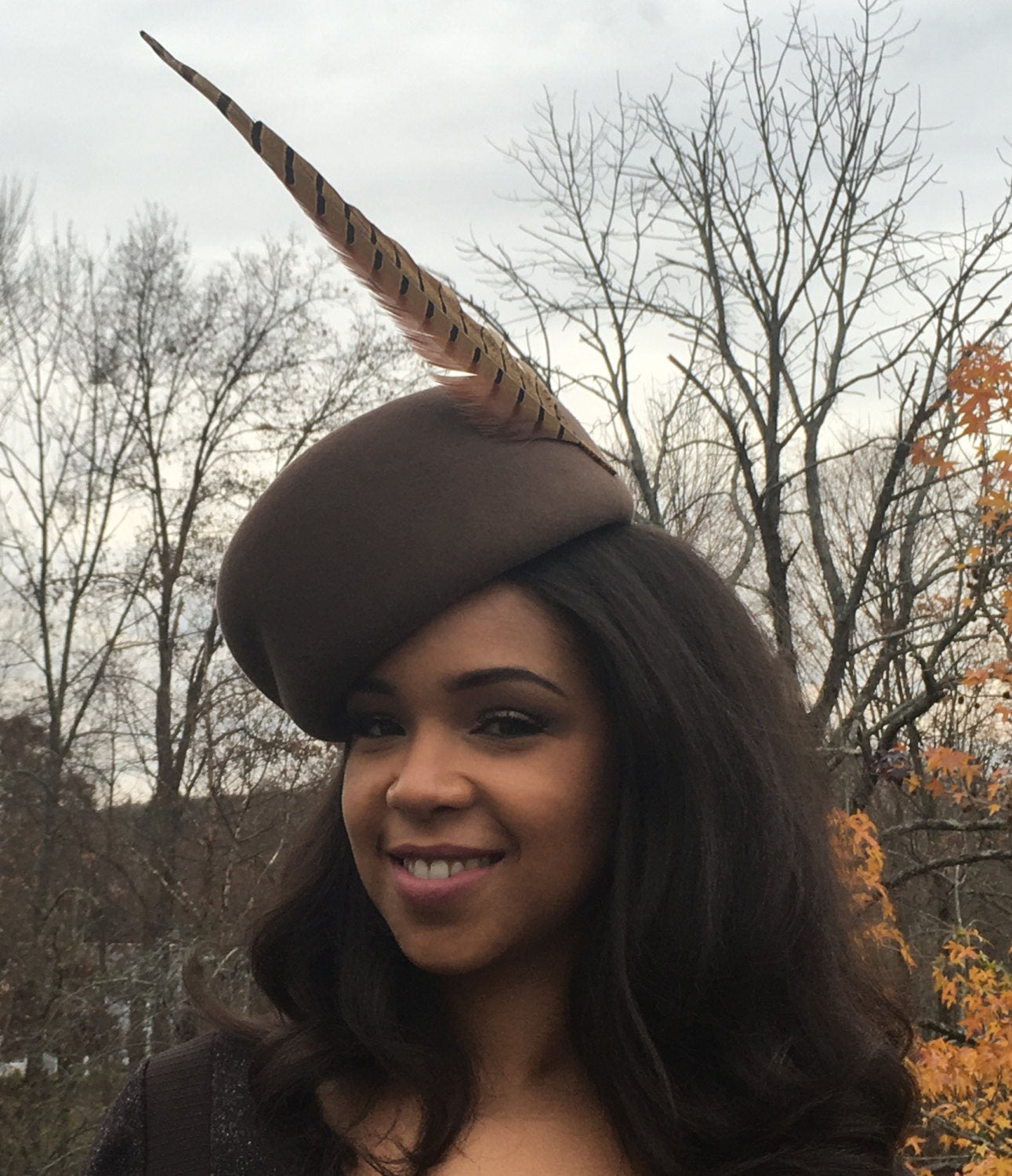 Taupe Sculptured Vintage Styled Pillbox Hat with Pheasant Feather! Great Church Hat-Winter Racetrack Hat- Mother of the Bride- Dress Hat