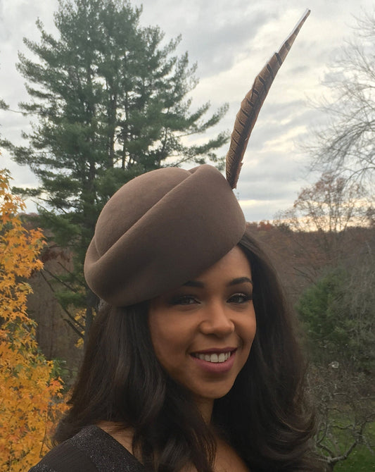 Taupe Sculptured Vintage Styled Pillbox Hat with Pheasant Feather! Great Church Hat-Winter Racetrack Hat- Mother of the Bride- Dress Hat