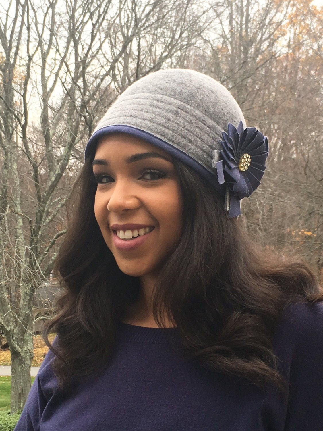 Grey Wool Cloche with Navy Grosgrain Ribbon Trim and Vintage Rhinestone Button. Perfect style and warmth for winter-Handmade- Birthday gift