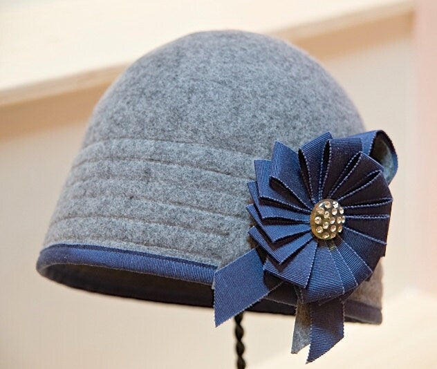 Grey Wool Cloche with Navy Grosgrain Ribbon Trim and Vintage Rhinestone Button. Perfect style and warmth for winter-Handmade- Birthday gift