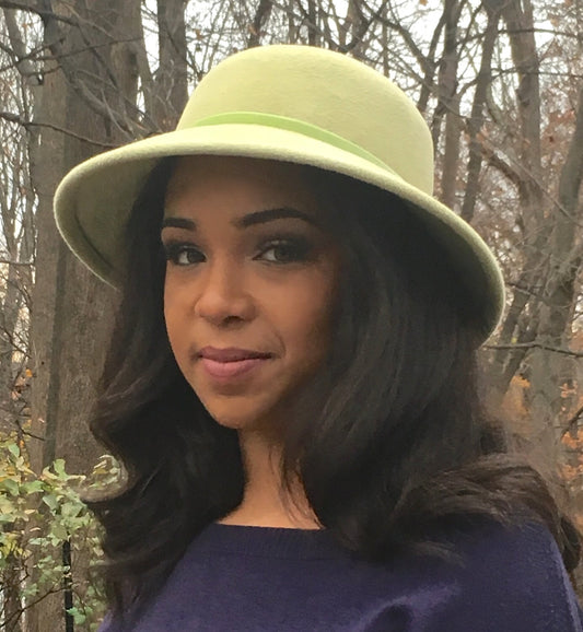 Soft Celery Green Velour Wool Felt Hat with Brim! Simple Velvet Ribbon Trim-Church Hat-Wedding Hat-Christmas Hat! 'Go To Hat' Comfy Hat