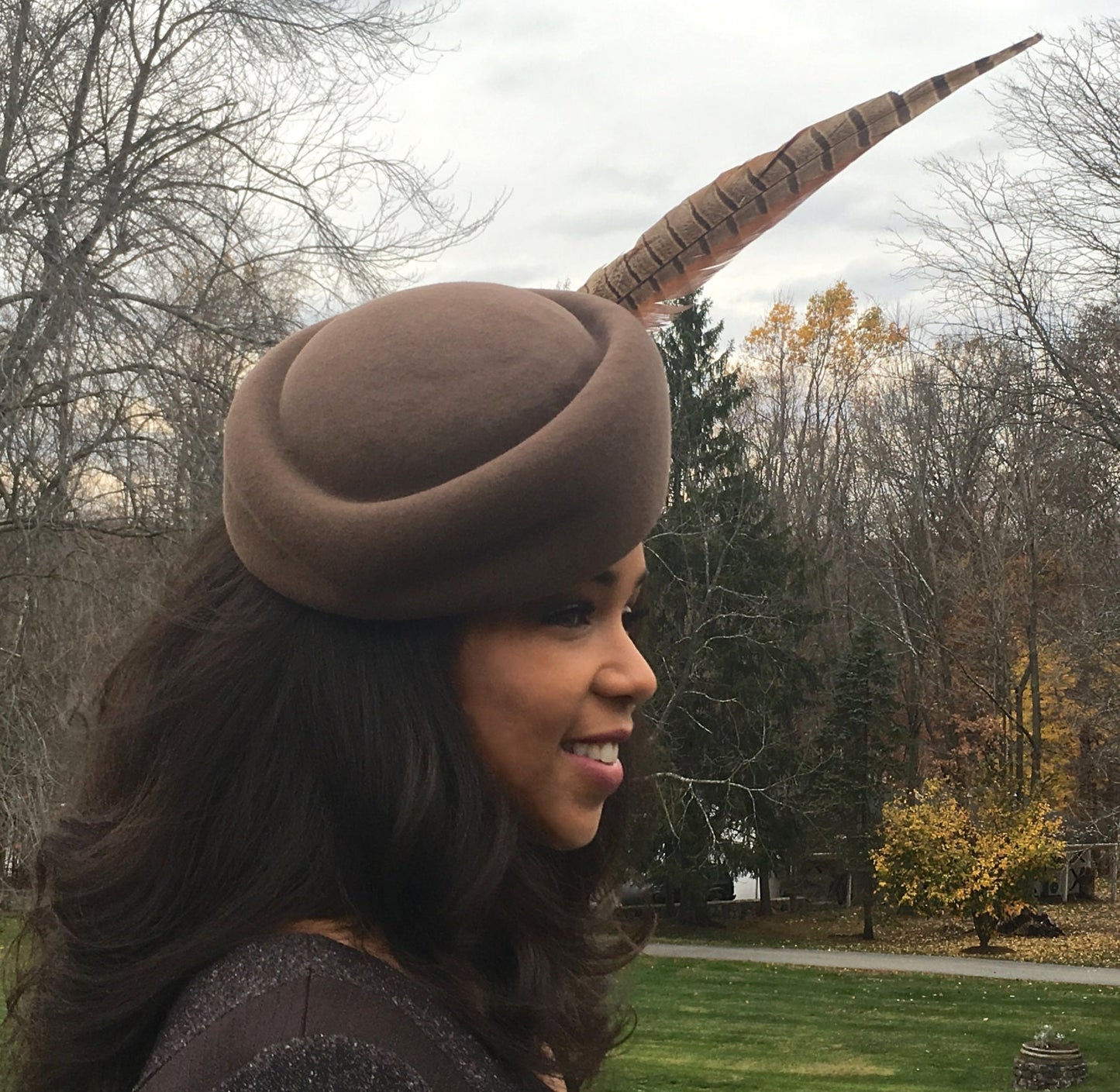 Taupe Sculptured Vintage Styled Pillbox Hat with Pheasant Feather! Great Church Hat-Winter Racetrack Hat- Mother of the Bride- Dress Hat