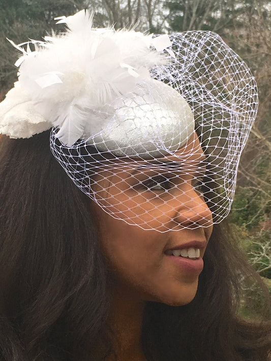Silver metallic Leather Croc Embossed Fascinator with White Feather Cluster and White veiling- Bridal Headpiece-Wedding-Races Hat-Prom-Party