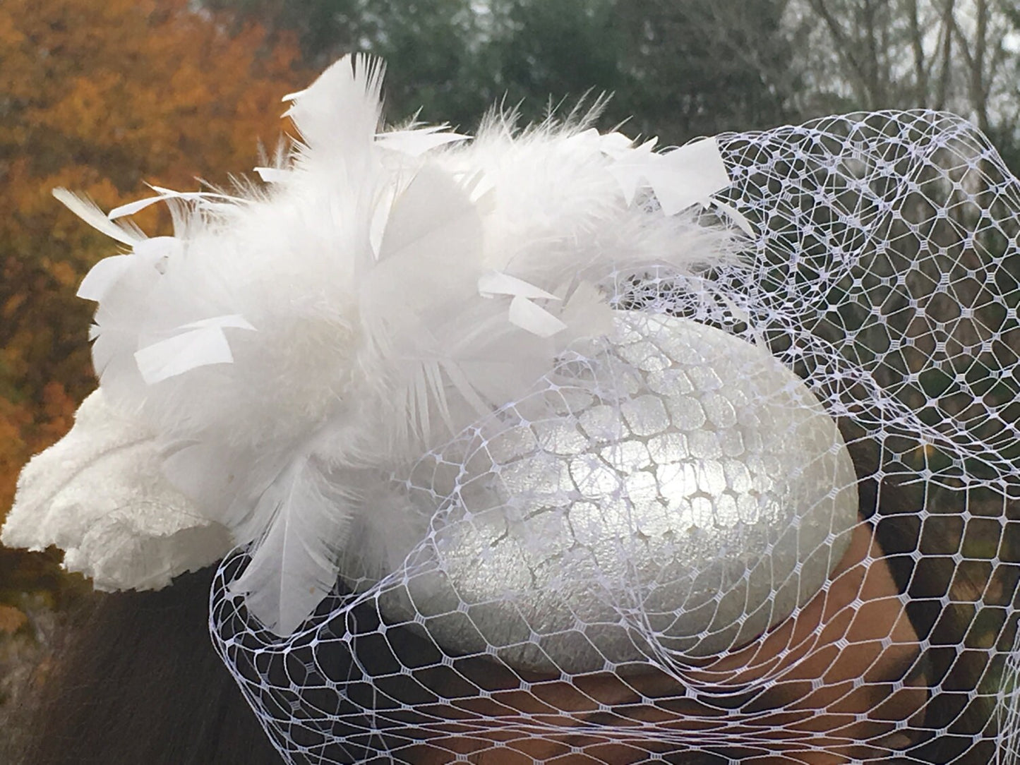 Silver metallic Leather Croc Embossed Fascinator with White Feather Cluster and White veiling- Bridal Headpiece-Wedding-Races Hat-Prom-Party