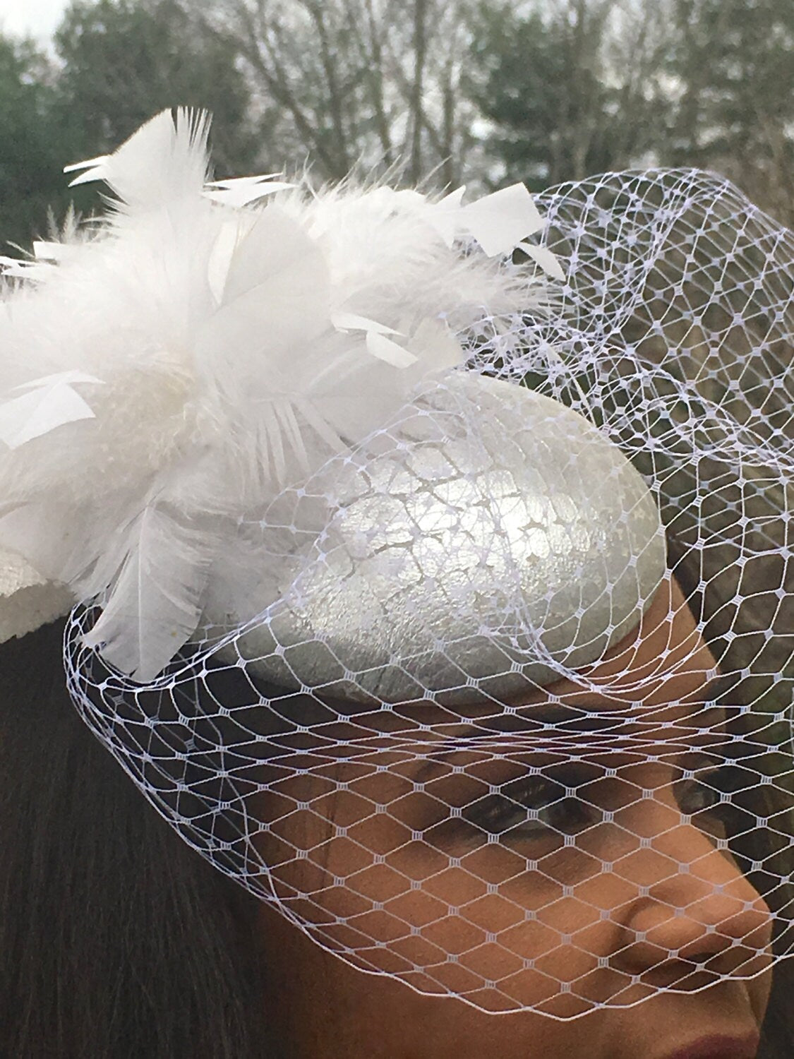 Silver metallic Leather Croc Embossed Fascinator with White Feather Cluster and White veiling- Bridal Headpiece-Wedding-Races Hat-Prom-Party