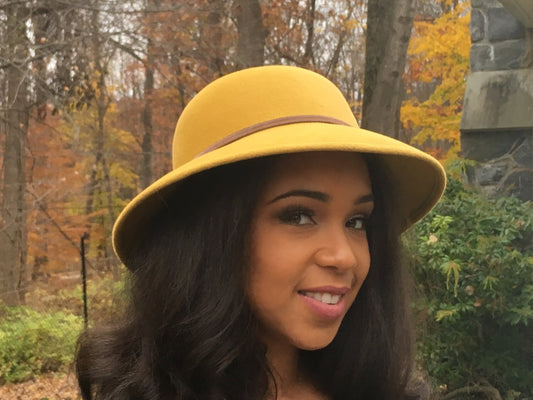 Soft Yellow Gold Velour Wool Felt Hat with Brim! Simple Velvet Ribbon Trim-Church Hat-Wedding Hat-Christmas Hat! 'Go To Hat' Comfy Hat