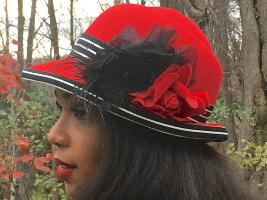 Red Wool Felt Fedora Hat with Black and White Striped Ribbon, Red Velvet Rose, Black Feathers and Black Silk-Christmas Hat-Holiday Party Hat
