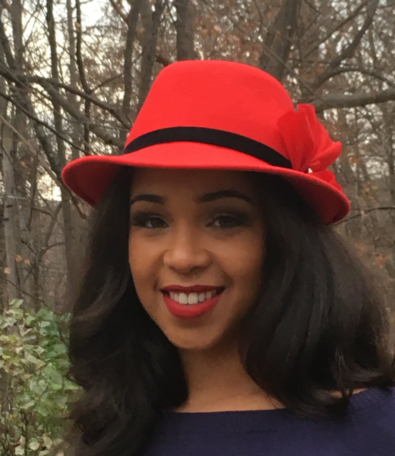 Red Wool Felt Fedora with Black Velvet band, Rhinestone Button and Red Silk- Winter Races- Christmas Hat- Holiday Hat-Church Hat- Womans Hat