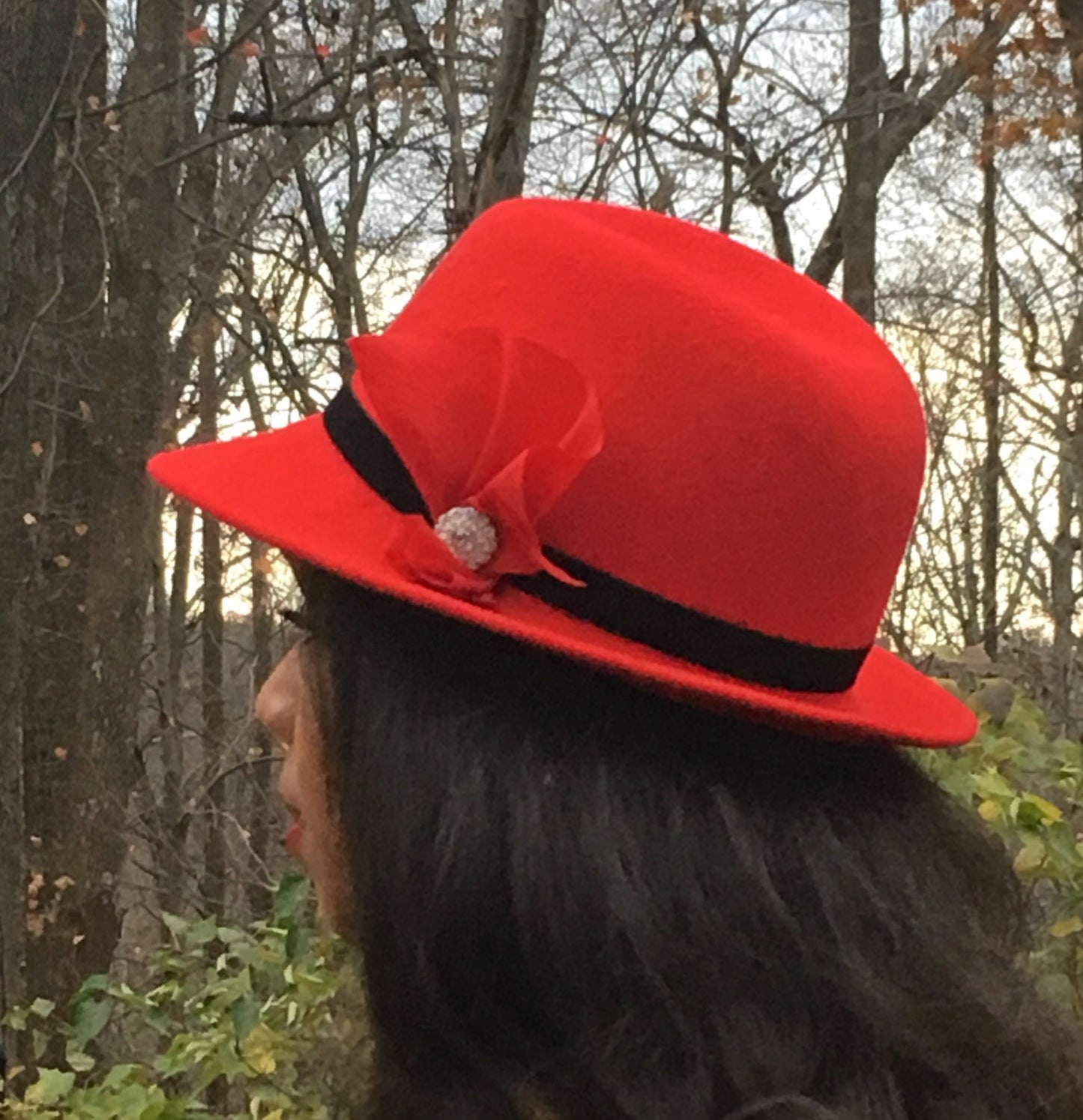 Red Wool Felt Fedora with Black Velvet band, Rhinestone Button and Red Silk- Winter Races- Christmas Hat- Holiday Hat-Church Hat- Womans Hat