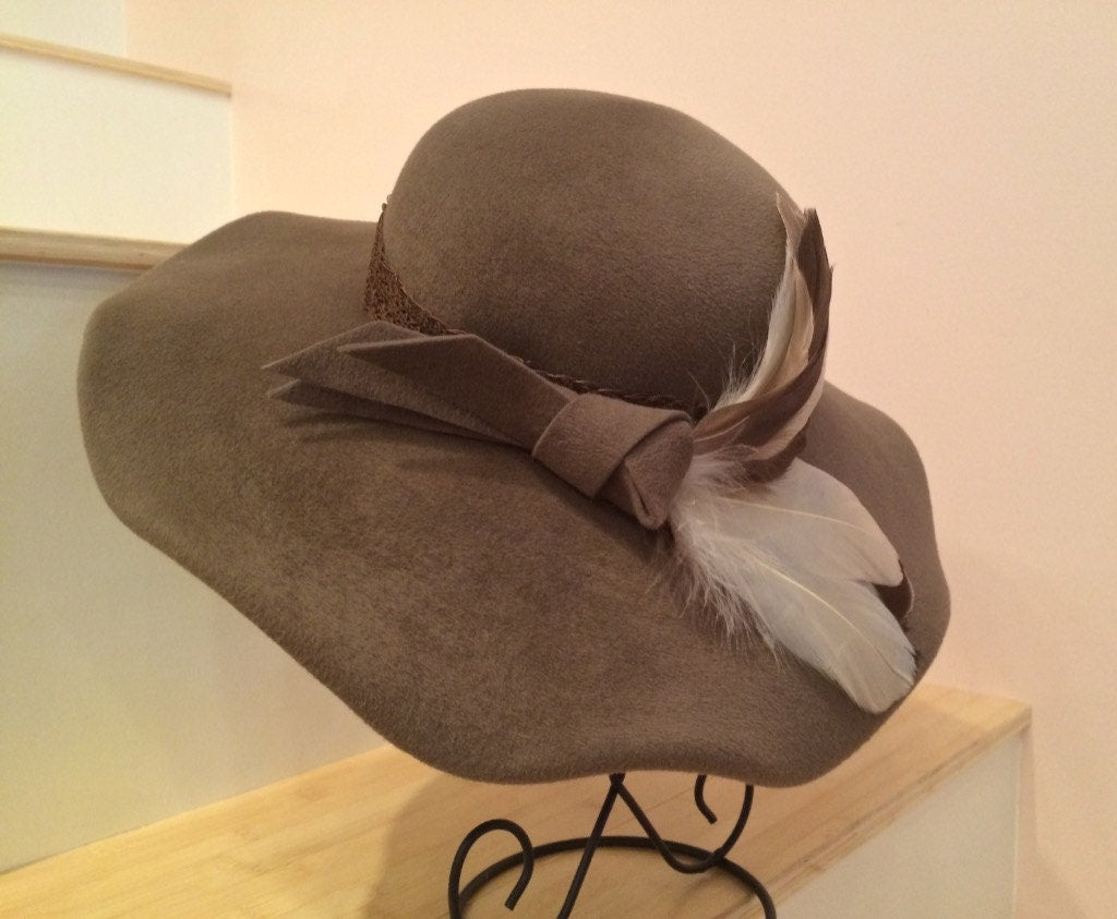 Taupe Velour Felt Wavy Brim Hat. Sophisticated and Beautiful! Perfect Church Hat! Trimmed with Vintage Feathers-Polo Matches-Race Hat- Taupe