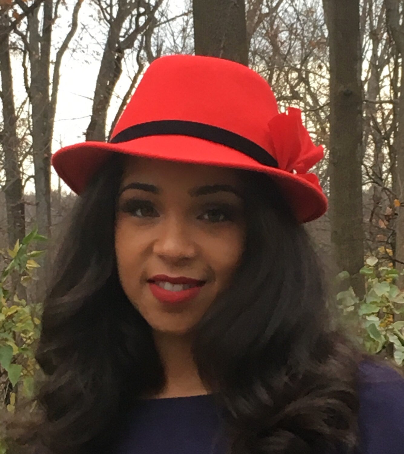 Red Wool Felt Fedora with Black Velvet band, Rhinestone Button and Red Silk- Winter Races- Christmas Hat- Holiday Hat-Church Hat- Womans Hat