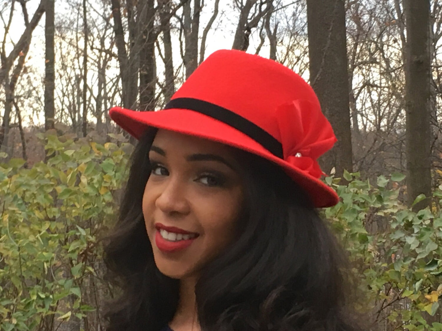 Red Wool Felt Fedora with Black Velvet band, Rhinestone Button and Red Silk- Winter Races- Christmas Hat- Holiday Hat-Church Hat- Womans Hat