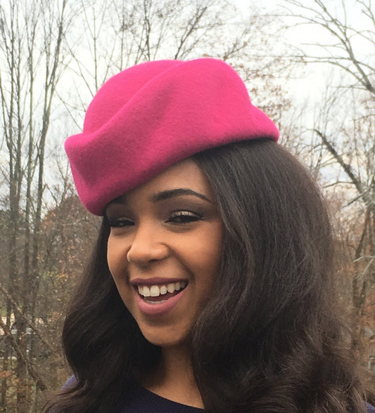Bright Pink Sculptural Wool Felt Pill Box Hat. Handmade on Vintage Wooden Block-Classic Hat style-Mother of the Bride-Wedding-Christmas Hat