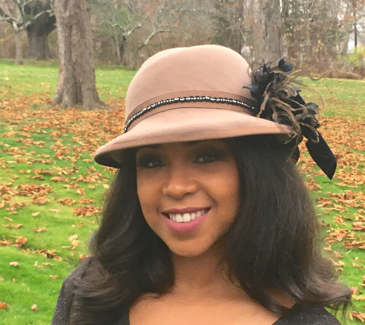 Tan Wool Felt Fedora Style Hat with Black Trim and Ostrich Feathers-Silver bead Trim on Band-Black Velvet Ribbon Bow-Church Hat-Wedding! WOW