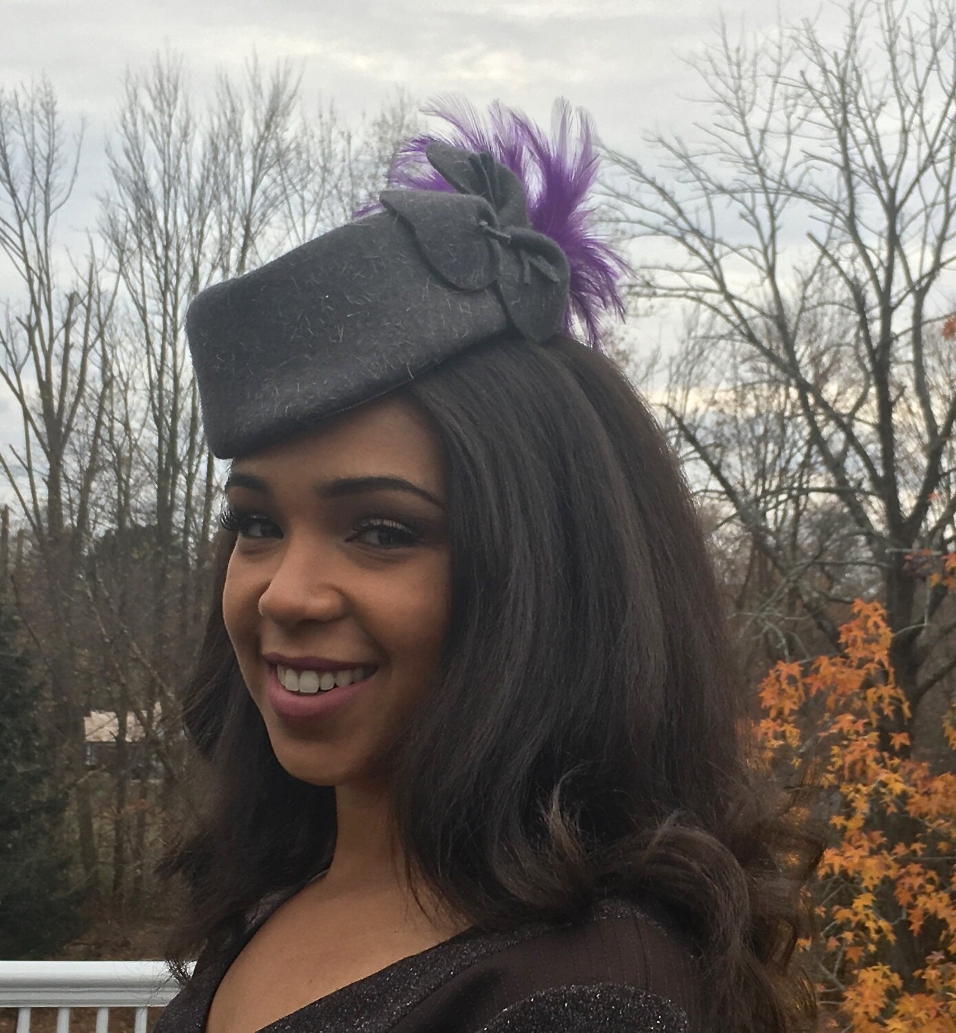 Cadet/Hostess, Grey Wool Hat with Purple Feather Plume- Stylized Floral Petals. Wedding-Graduation-Mother of the Bride-Church Hat-Derby-Polo