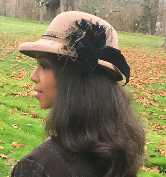 Tan Wool Felt Fedora Style Hat with Black Trim and Ostrich Feathers-Silver bead Trim on Band-Black Velvet Ribbon Bow-Church Hat-Wedding! WOW