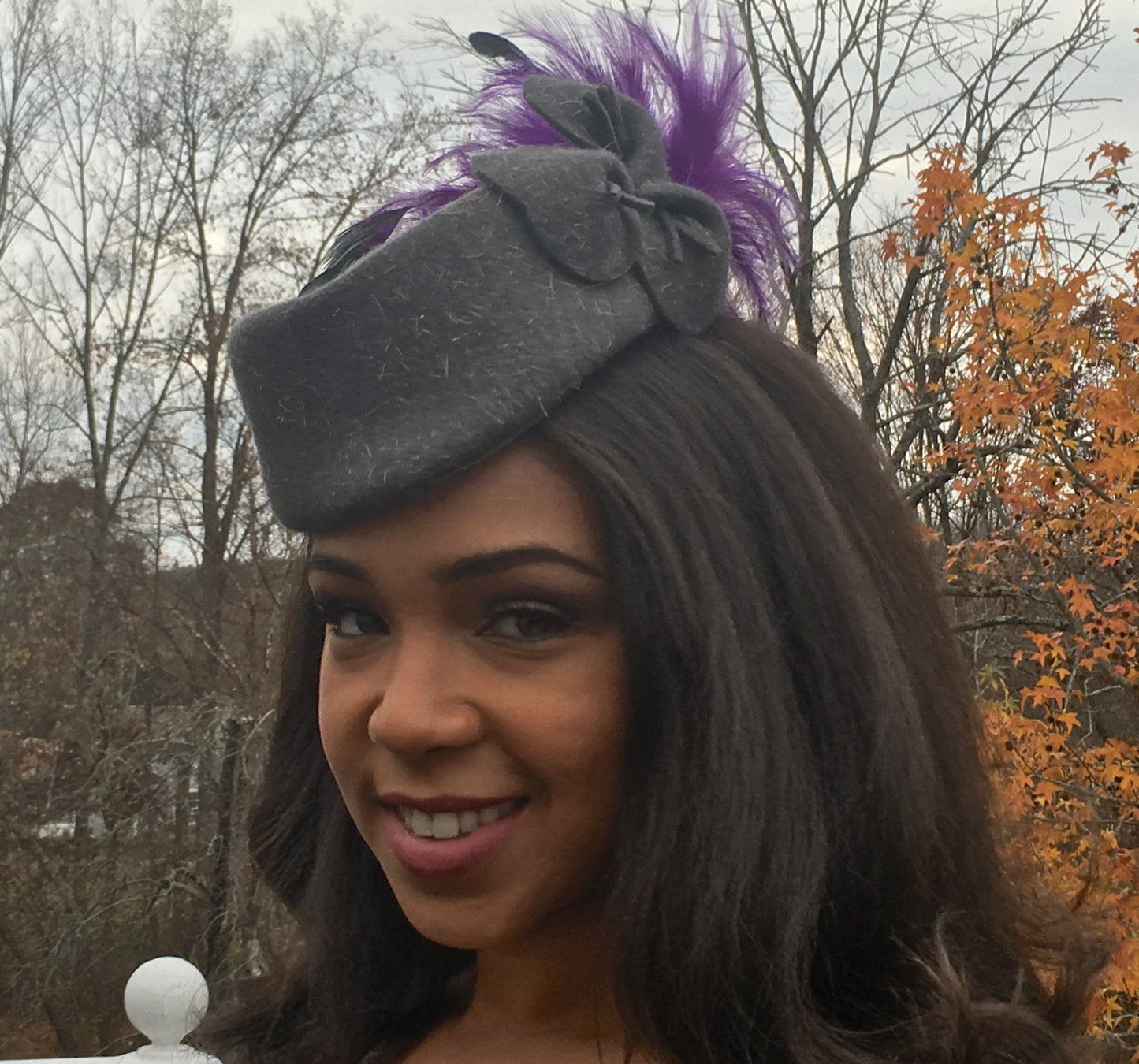 Cadet/Hostess, Grey Wool Hat with Purple Feather Plume- Stylized Floral Petals. Wedding-Graduation-Mother of the Bride-Church Hat-Derby-Polo