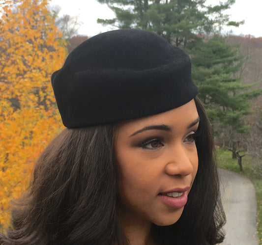 Black Velour Wool Felt Pillbox Hat-Vintage Style and Timeless. Church hat-Winter Races-Polo-Derby-Wedding-Mother of the Bride-Bridesmaids