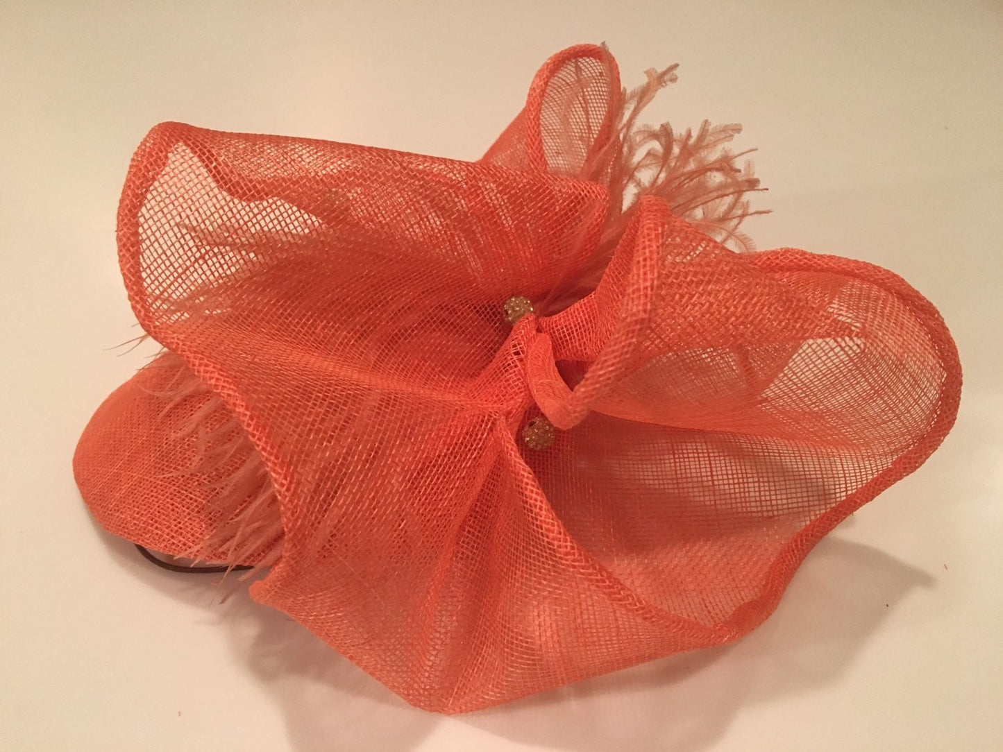 Custom Hat - SELECT A COLOR- Orange sinamay Fascinator with Ostrich Feathers and Round Rhinestone beads