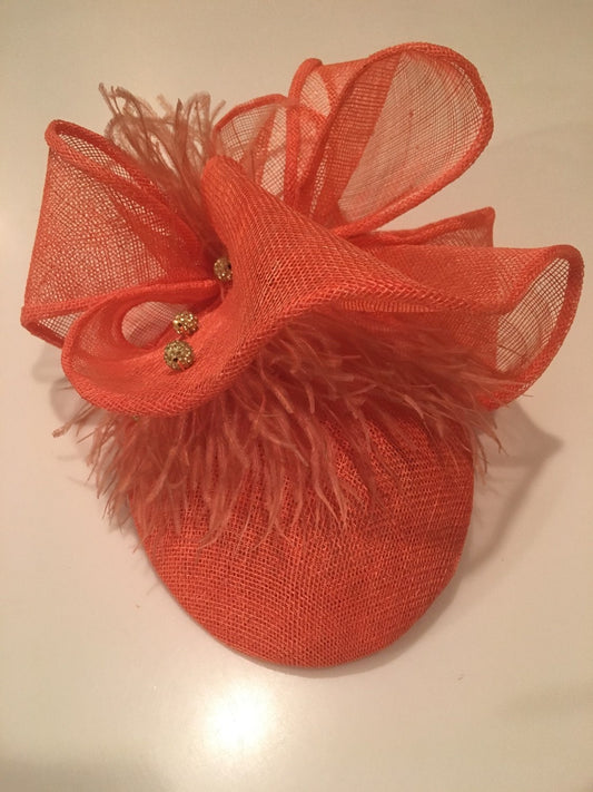 Custom Hat - SELECT A COLOR- Orange sinamay Fascinator with Ostrich Feathers and Round Rhinestone beads
