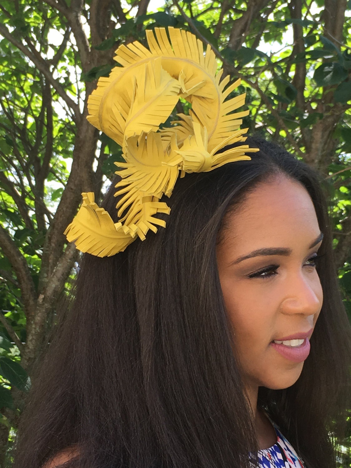 Bright Canary Yellow Leather Feather Fascinator- MARDI GRAS- Weddings-Bridal-Race Hat-Polo-Holiday-Teen Headband-Special Occasion- Luncheons