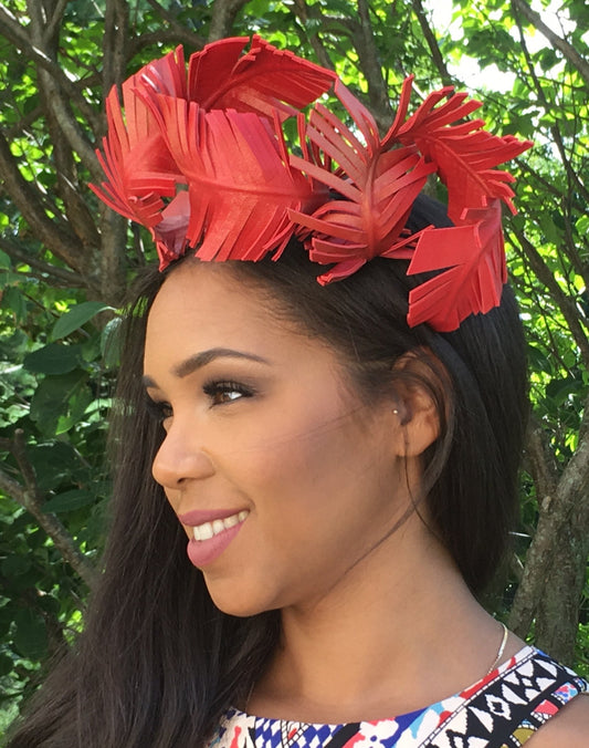 RED Leather Feather Fascinator- CHRISTMAS Hat- VALENTINE'S Hat- Wedding-Bridal Headpiece-Race Wear Hat-Polo Hat-Teen-Holiday Gift !