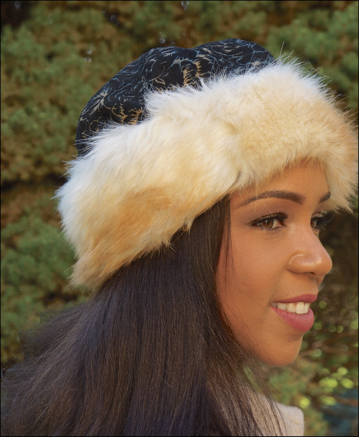 Vintage printed Suede and Faux Fur Hat. Stylish and easy to wear-Unique look! Holidays-Birthday-Winter hat-Christmas hat-Thanksgiving hat!