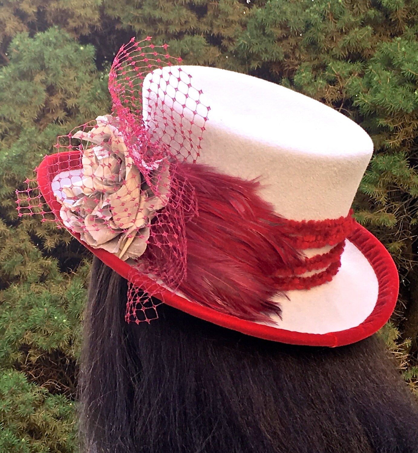 Grey Felt Top Hat with Wine Colored Trim and Vintage Grey Flower