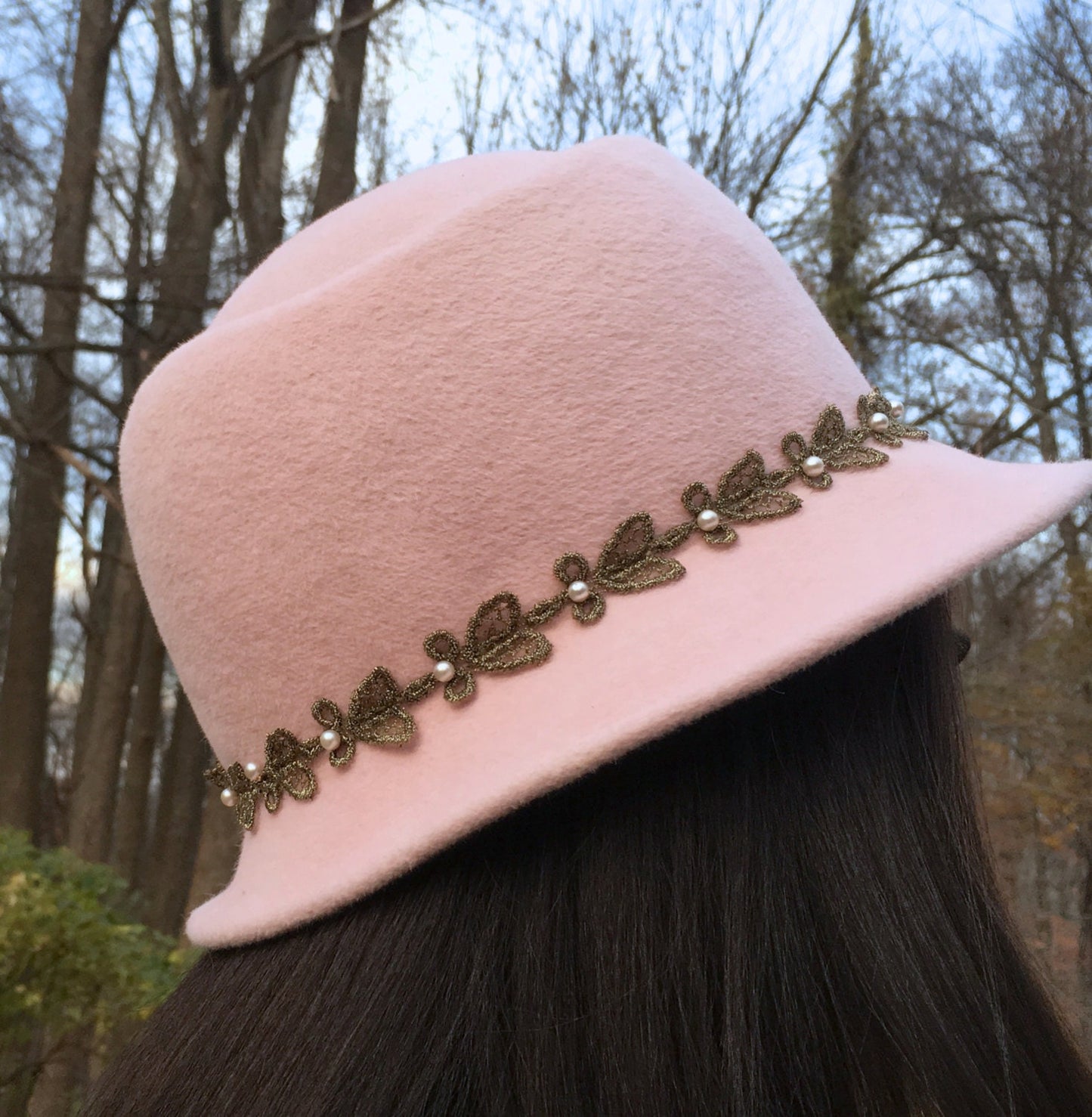 Soft Pink Velour Wool Felt Hat -Small Brim-Vintage Bronze Metallic leaf trim- Pearls-Church Hat-Wedding Hat-Christmas Gift- Winter Races !!!