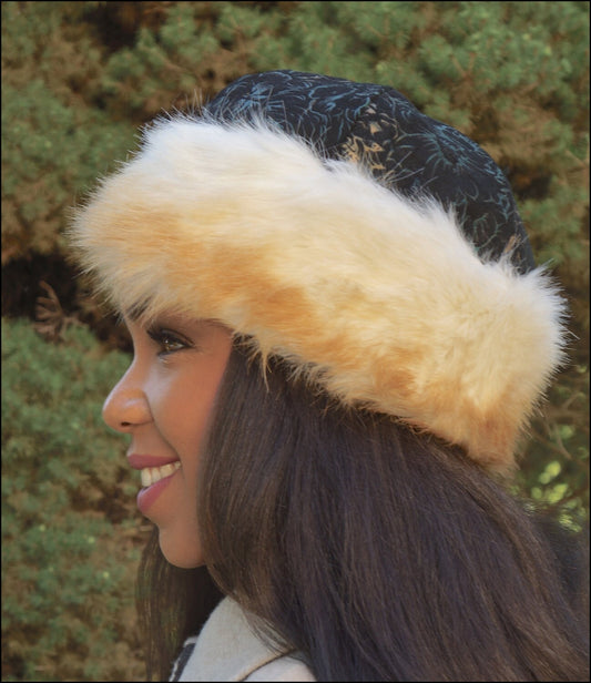 Vintage printed Suede and Faux Fur Hat. Stylish and easy to wear-Unique look! Holidays-Birthday-Winter hat-Christmas hat-Thanksgiving hat!