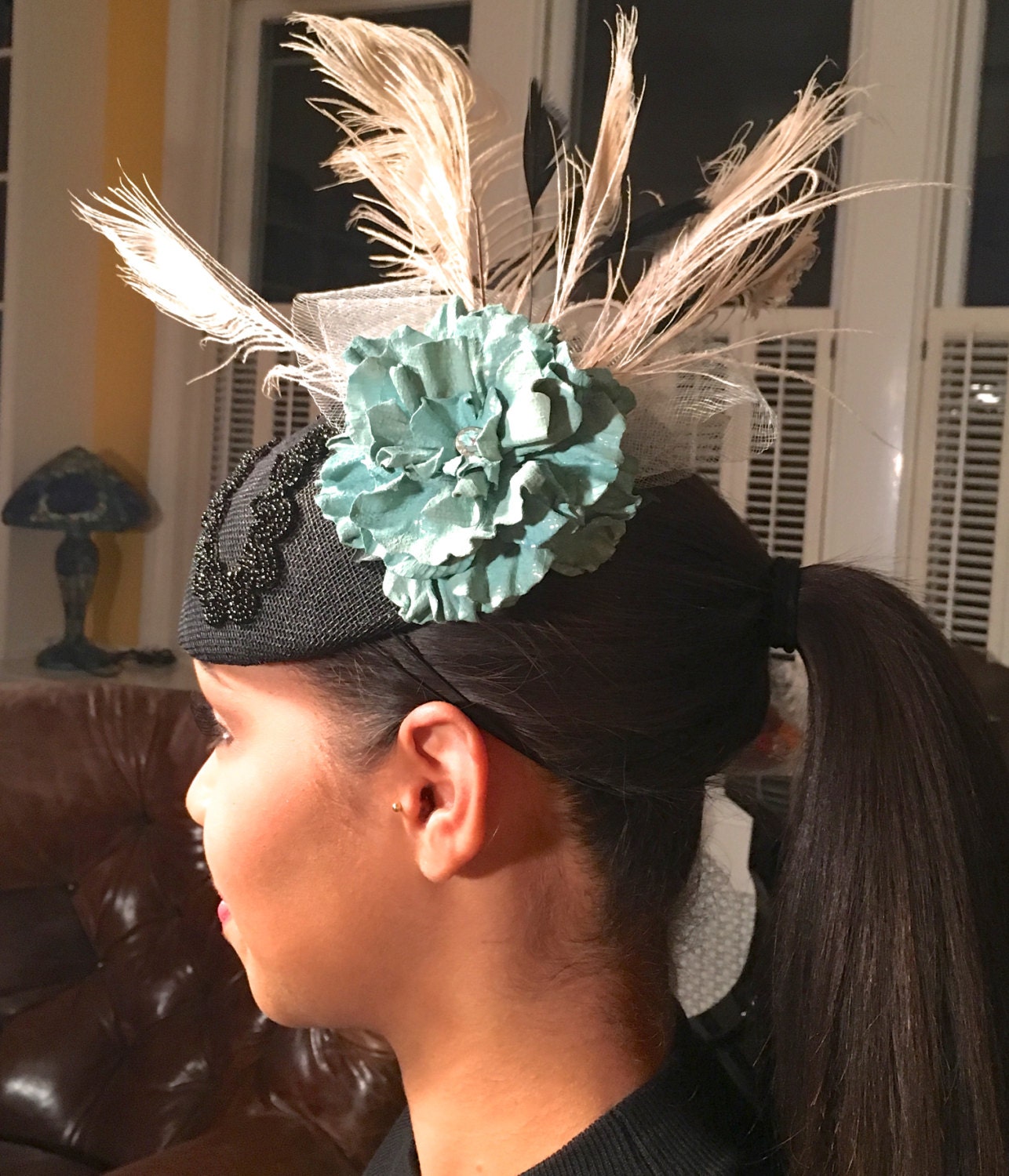 Black Sinamay with Turquoise Leather flower-ostrich feathers-crinoline-Vintage beaded trim-Ascot Races Hat-Polo Matches-Wedding-Church-Party