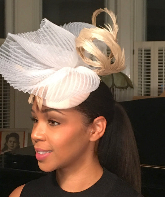 Fancy Beige and White Fascinator- White Pleated Crinoline-Tan Feathers- Royal Ascot Hat-Polo Matches Hat-Evening Hat-Church Hat-Wedding Hat-