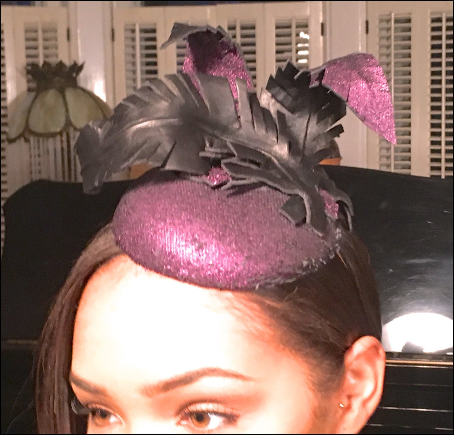 Aubergine Distressed Soft Leather Fascinator Button with Leather Feathers-Royal Ascot Race Hat-Polo Matches hat-Cocktail Party Hat-Purple !
