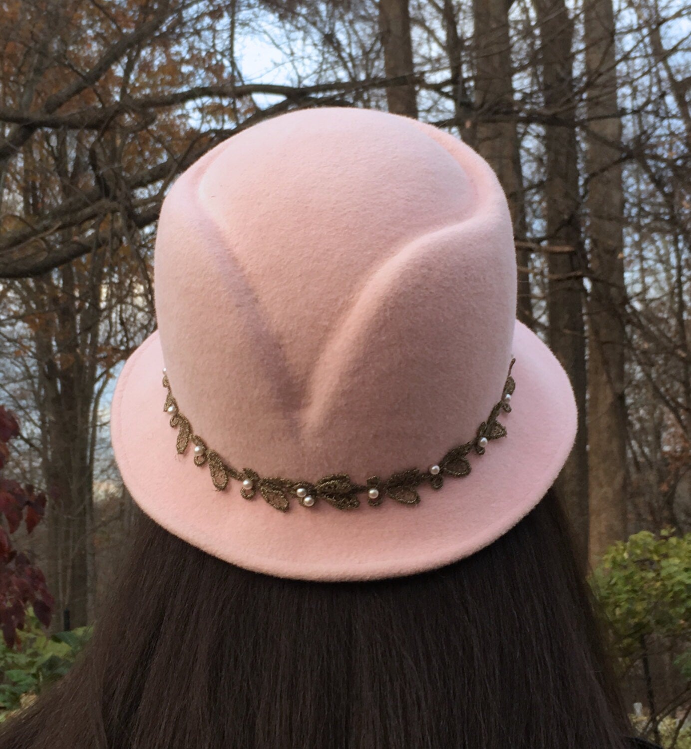 Soft Pink Velour Wool Felt Hat -Small Brim-Vintage Bronze Metallic leaf trim- Pearls-Church Hat-Wedding Hat-Christmas Gift- Winter Races !!!