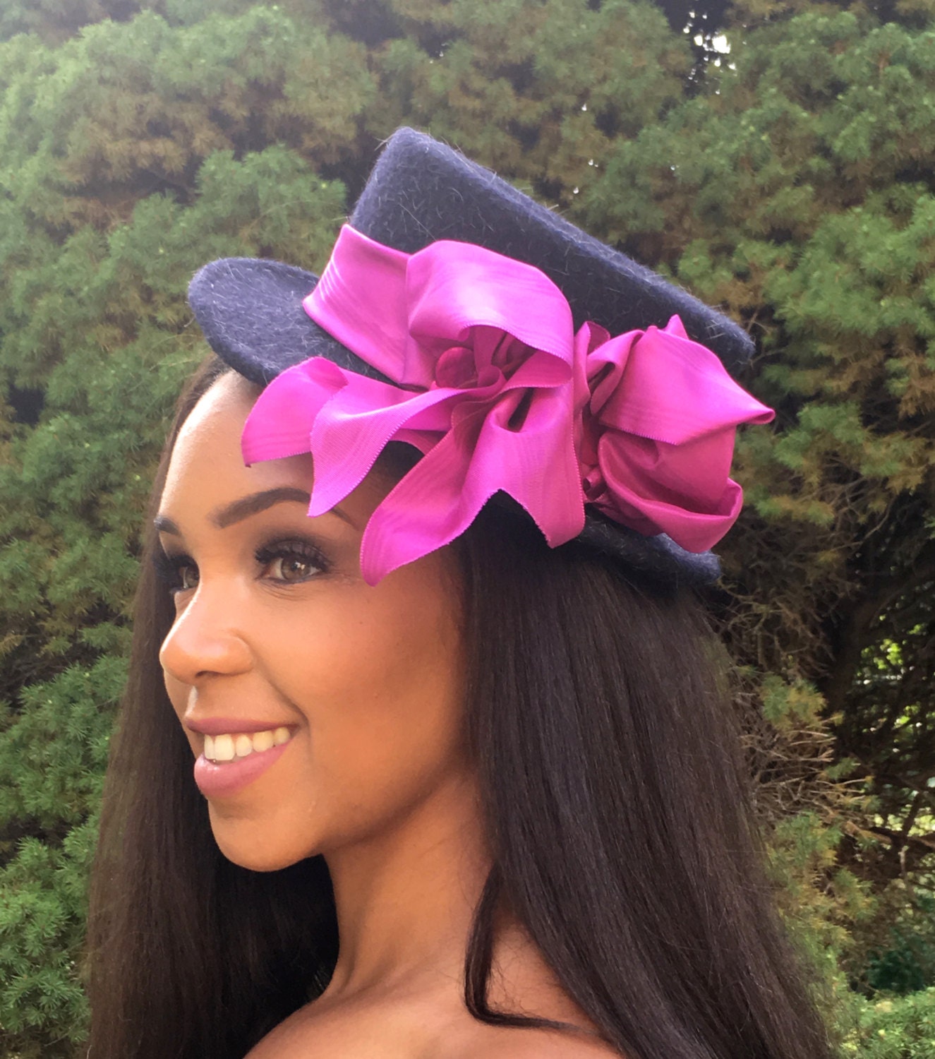Navy Blue Mini Top Hat with Bright Orchid Pink Moire Ribbon-Jewel stone accents-Winter Races-Church-Polo Matches-Handmade Hat-Weddings-Party