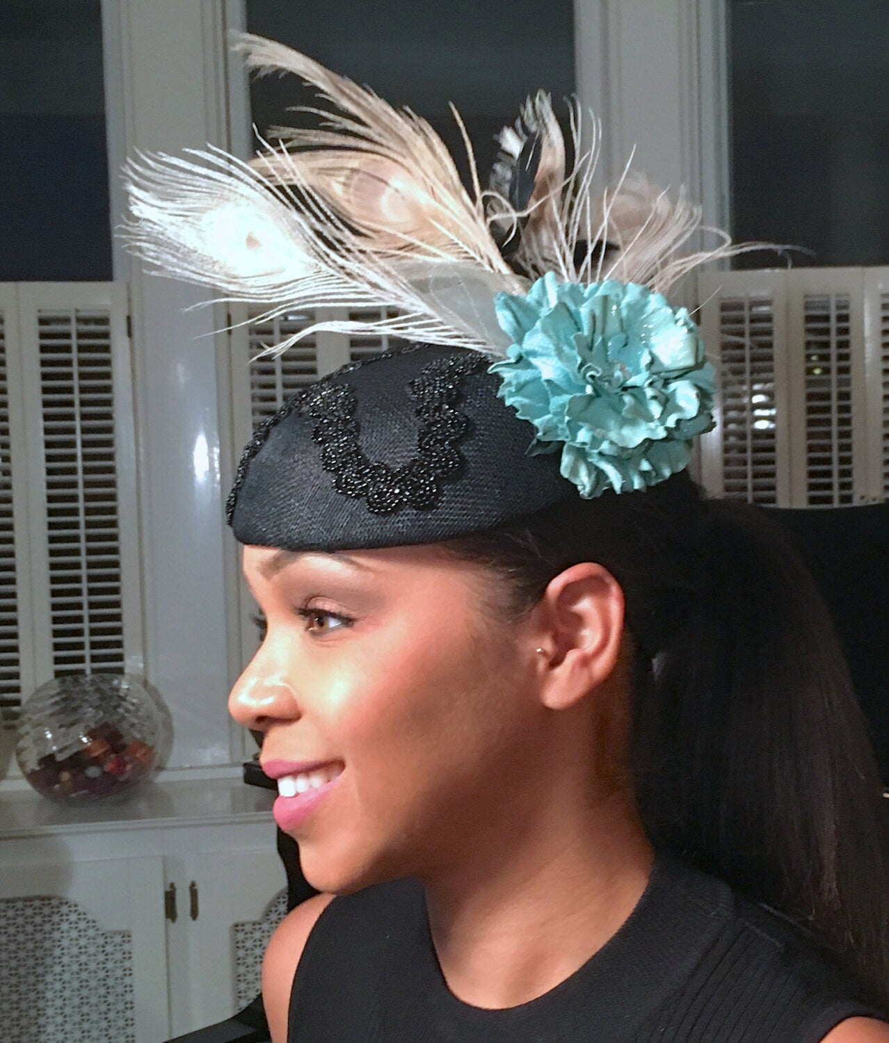 Black Sinamay with Turquoise Leather flower-ostrich feathers-crinoline-Vintage beaded trim-Ascot Races Hat-Polo Matches-Wedding-Church-Party