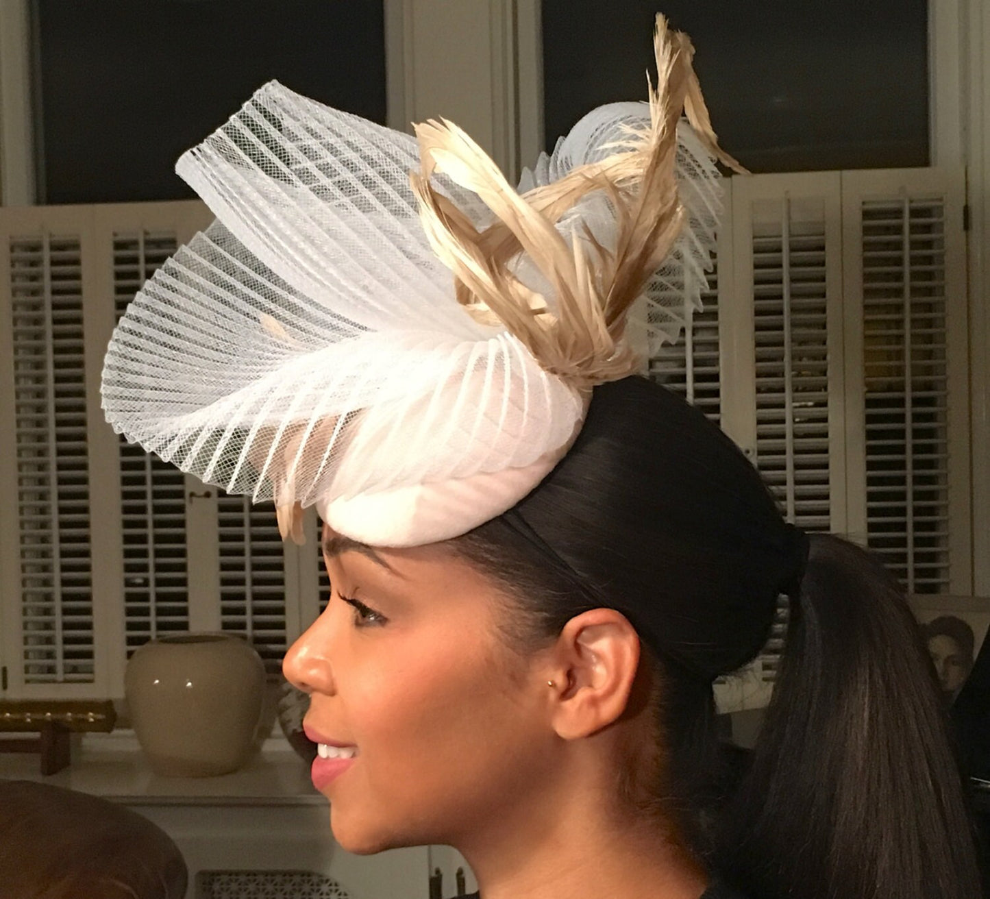 Fancy Beige and White Fascinator- White Pleated Crinoline-Tan Feathers- Royal Ascot Hat-Polo Matches Hat-Evening Hat-Church Hat-Wedding Hat-