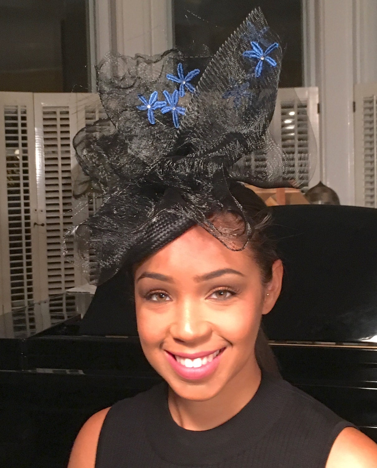 Black Straw Fascinator with Black Crinoline and Royal Blue Appliqué Flowers-Royal Ascot Races-Kentucky Derby Races-Cocktail Hat-Church Hat