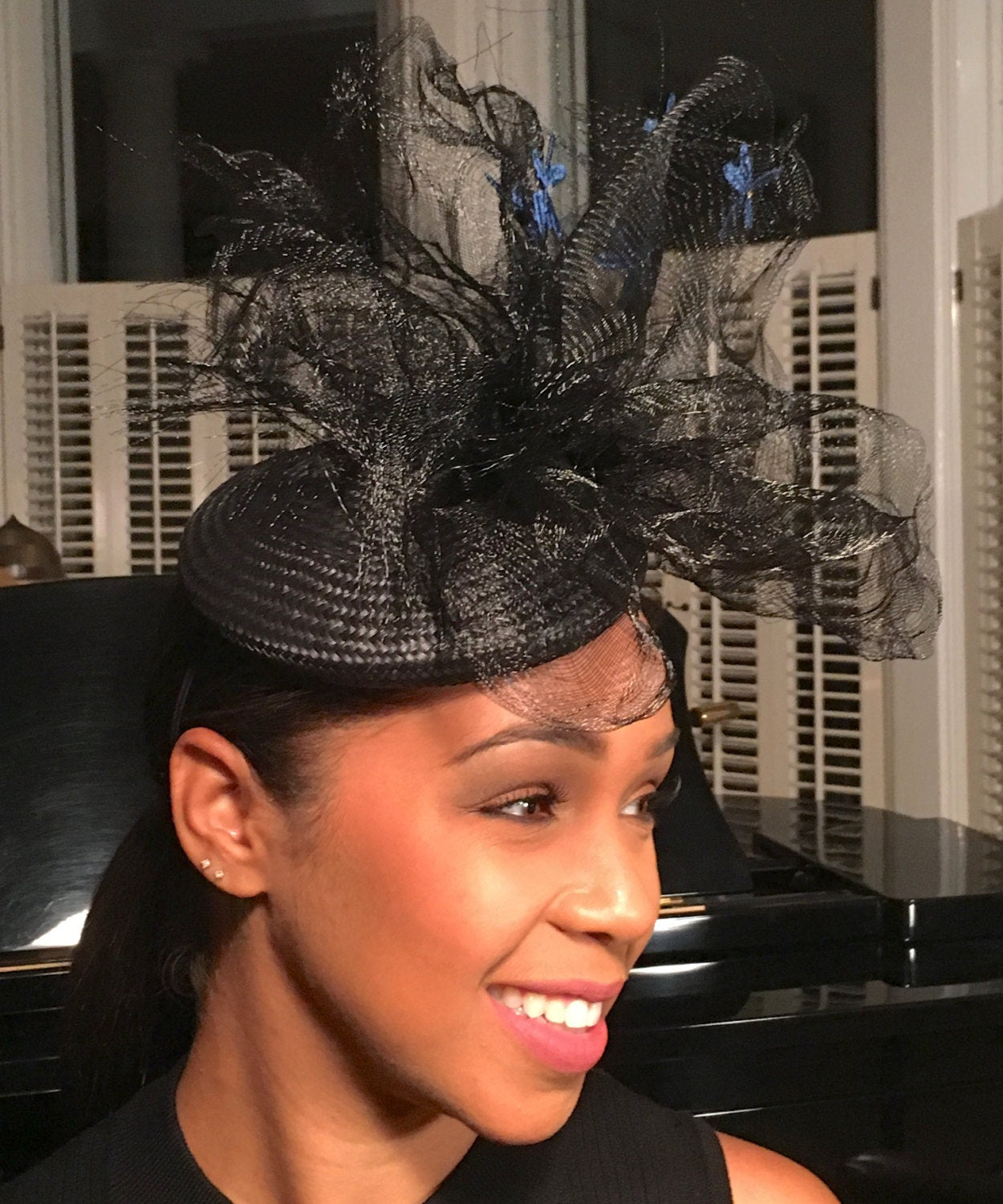 Black Straw Fascinator with Black Crinoline and Royal Blue Appliqué Flowers-Royal Ascot Races-Kentucky Derby Races-Cocktail Hat-Church Hat